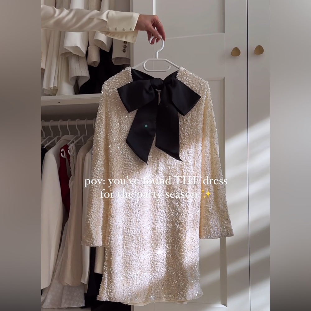 NEW Holiday Dress Sequin Winter White w Black Bow Viral Size Small NYE Christmas
